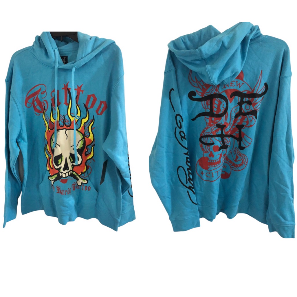 Ed Hardy Mens Blue Ed Hardy Inscription Logo Printed Hoodie Size Xl Brand New